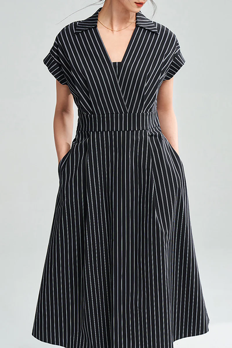 Black & White Striped A-Line Cap-Sleeve Midi Dress - HBQMJX