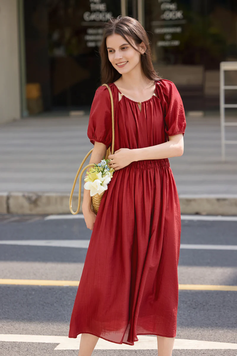 Red Beaded Puff-Sleeve A-Line Midi Dress - HBQMJX