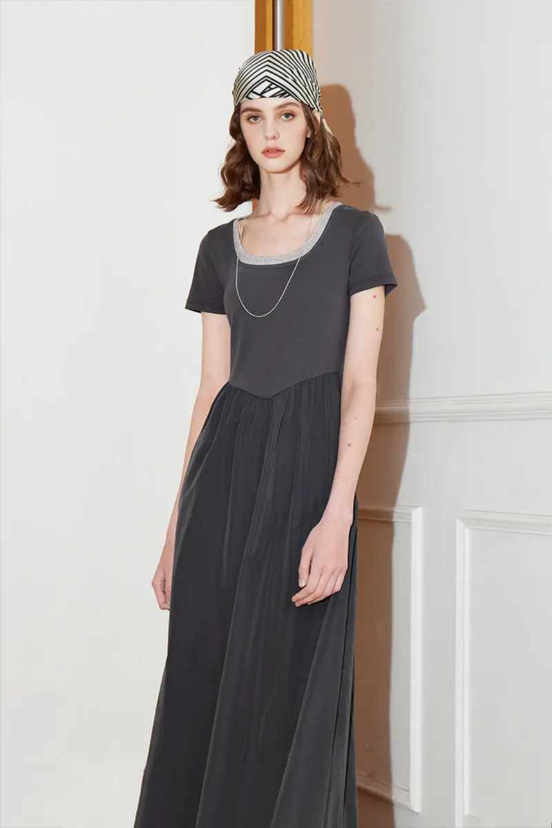 Cotton Short-Sleeve Mixed-Media Fit & Flare Midi Dress - HBQMJX