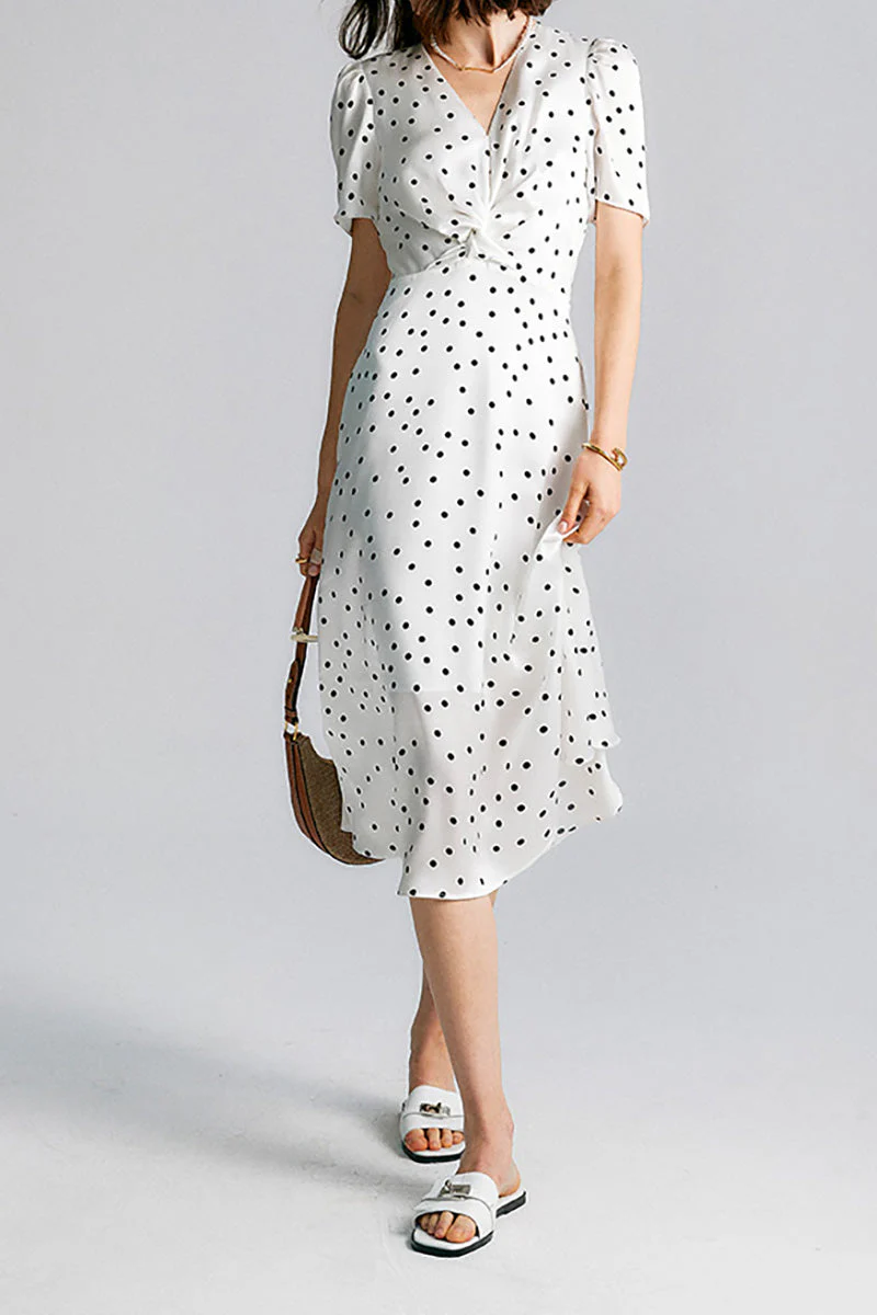 White 100 Silk Crepe-Back Polka Dot Midi Dress - HBQMJX