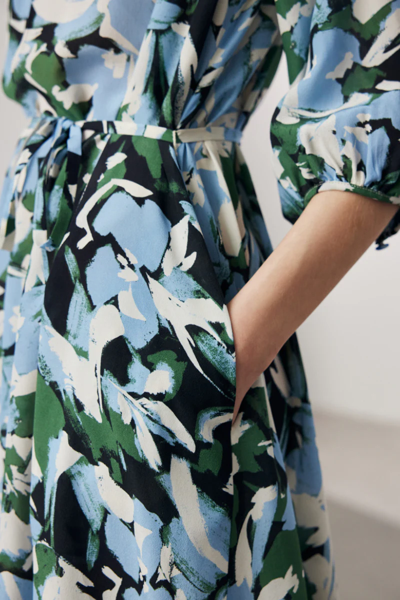 100 Mulberry Silk Floral Balloon-Sleeve Tie-Waist Midi Dress with Pockets - HBQMJX