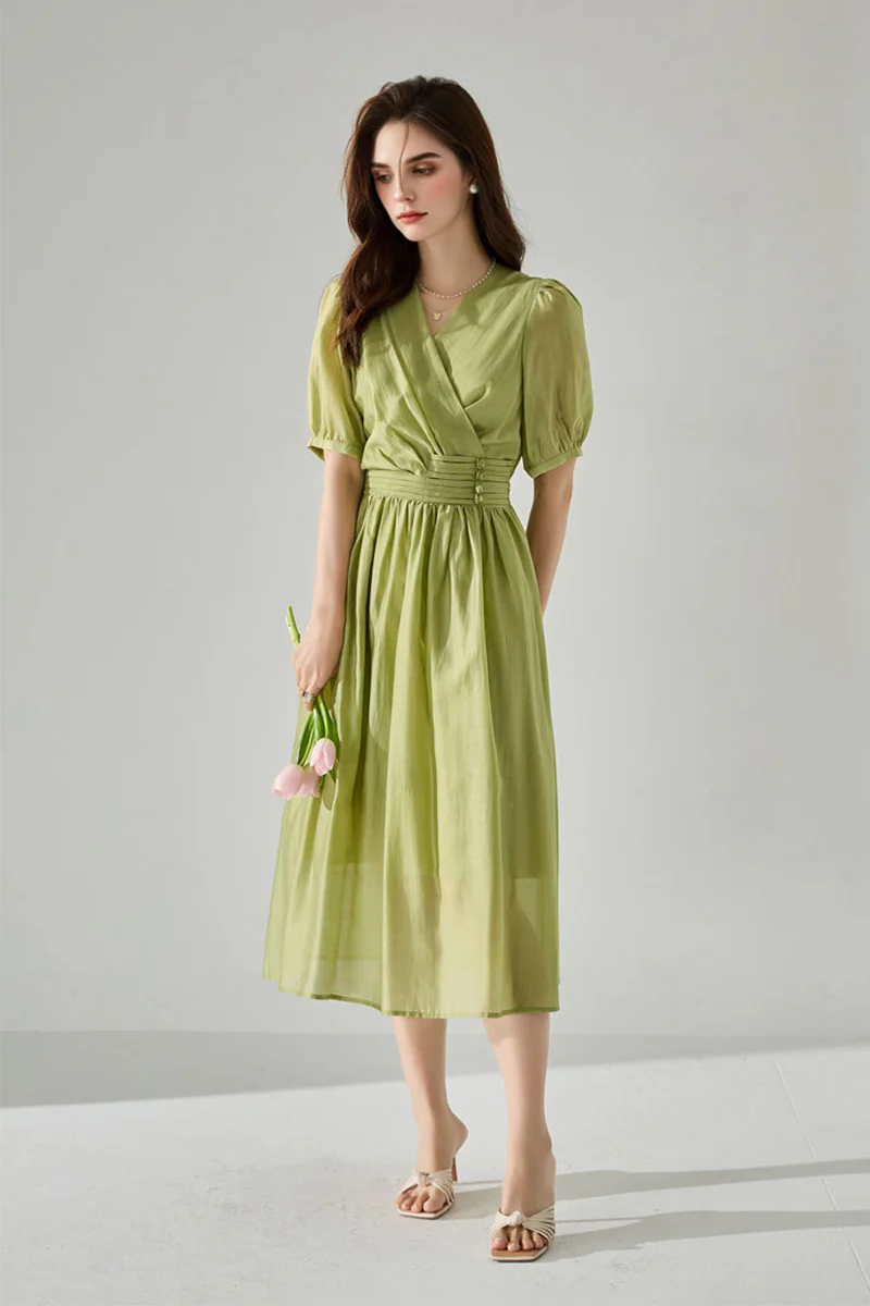 Sheer Tencel A-Line Midi Wrap Dress with Button Detail in Green - JIEEQQ