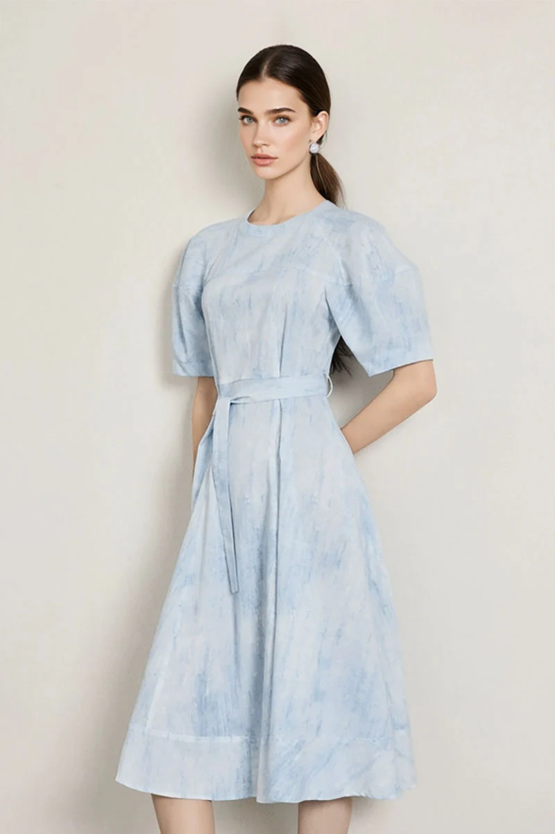 Blue Puff-Sleeve Flare Midi Dress with Belt - HBQMJX
