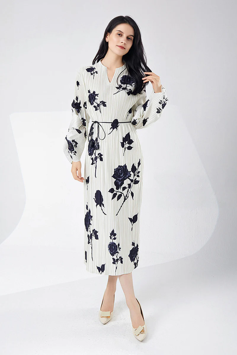 Designer Inspired Pleated Floral Long-Sleeve Midi Dress - HBQMJX