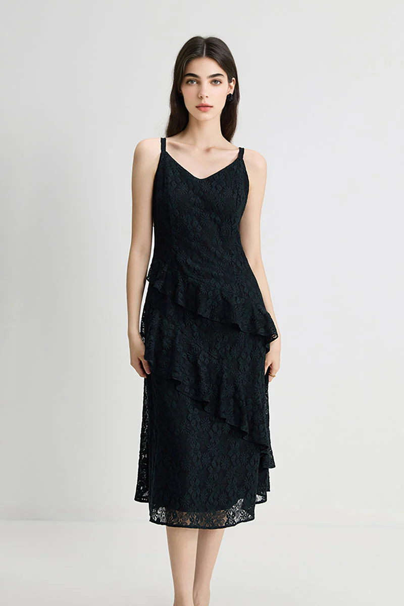 Black Lace Tiered Sleeveless V-Neck Midi Dress - HBQMJX