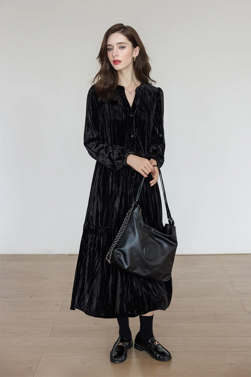 Tiered Long-Sleeve Button-Down A-Line Velvet Midi Dress - HBQMJX