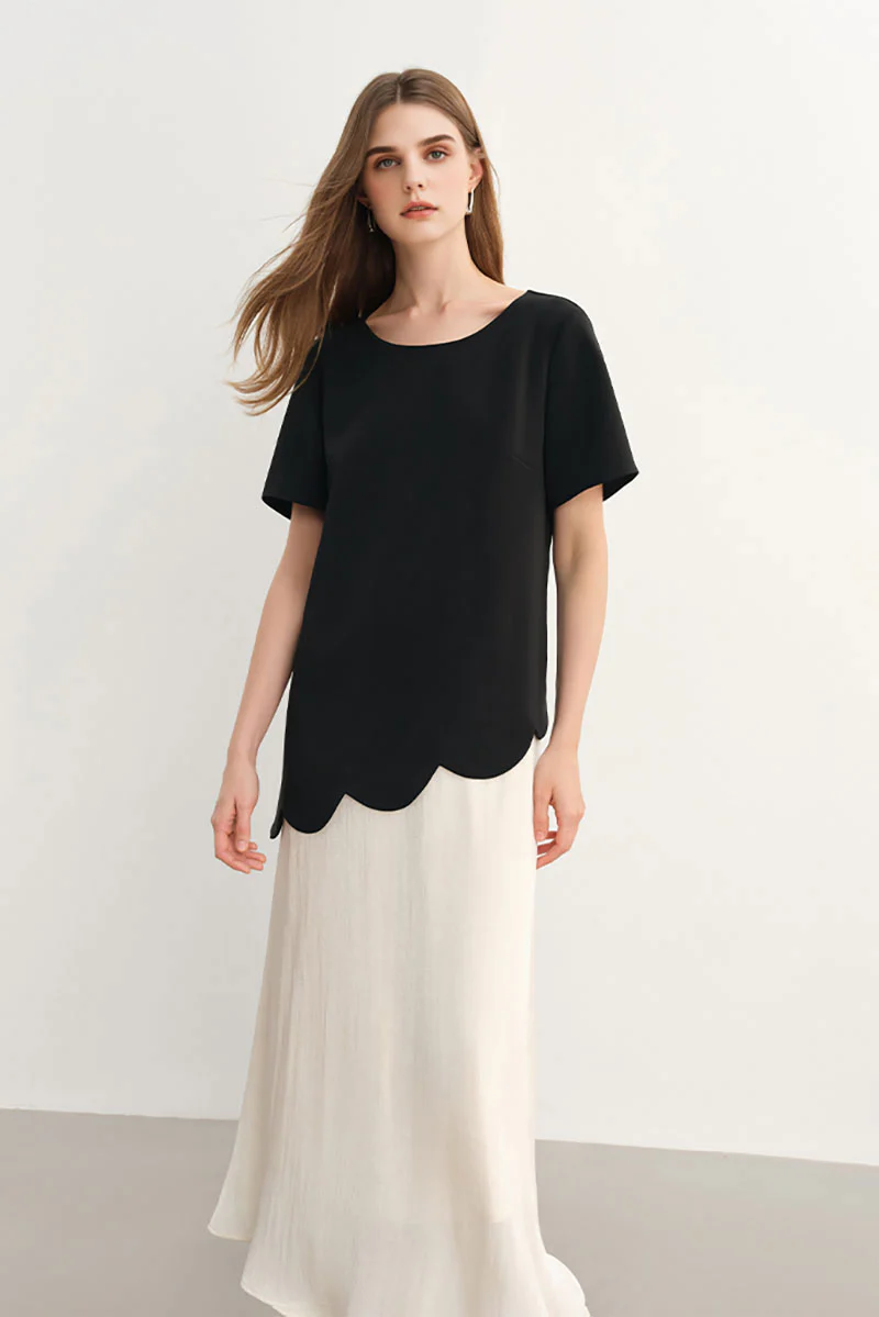 Black & White Short-Sleeve Mixed Media Midi Dress - HBQMJX