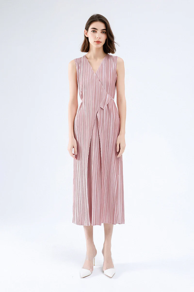 Designer Inspired Pleated Sleeveless Wrap Midi Dress in Pink - HBQMJX