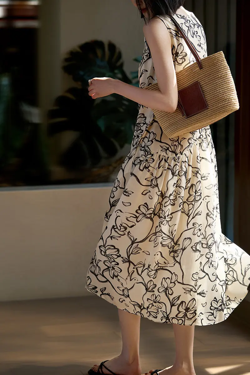 Linen Floral Sleeveless Midi Dress - HBQMJX