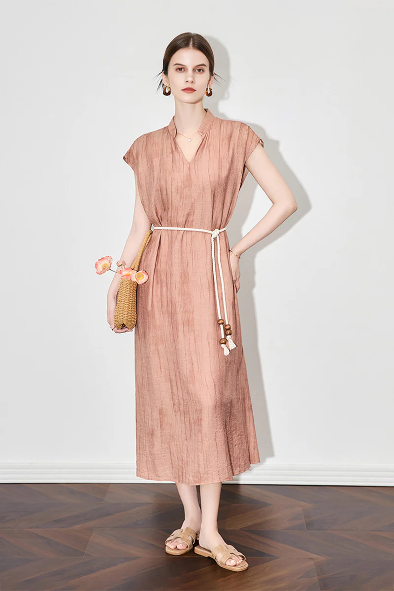 Tie-Dye Textured Cap-Sleeve Midi Dress in Terracotta - HBQMJX