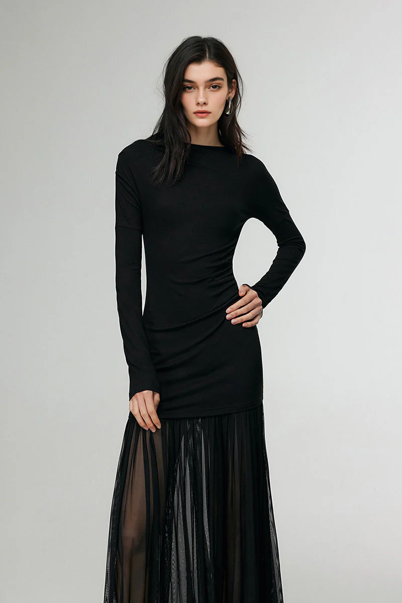 Asymmetric Draped Mesh Maxi Dress with Sleeves - HBQMJX