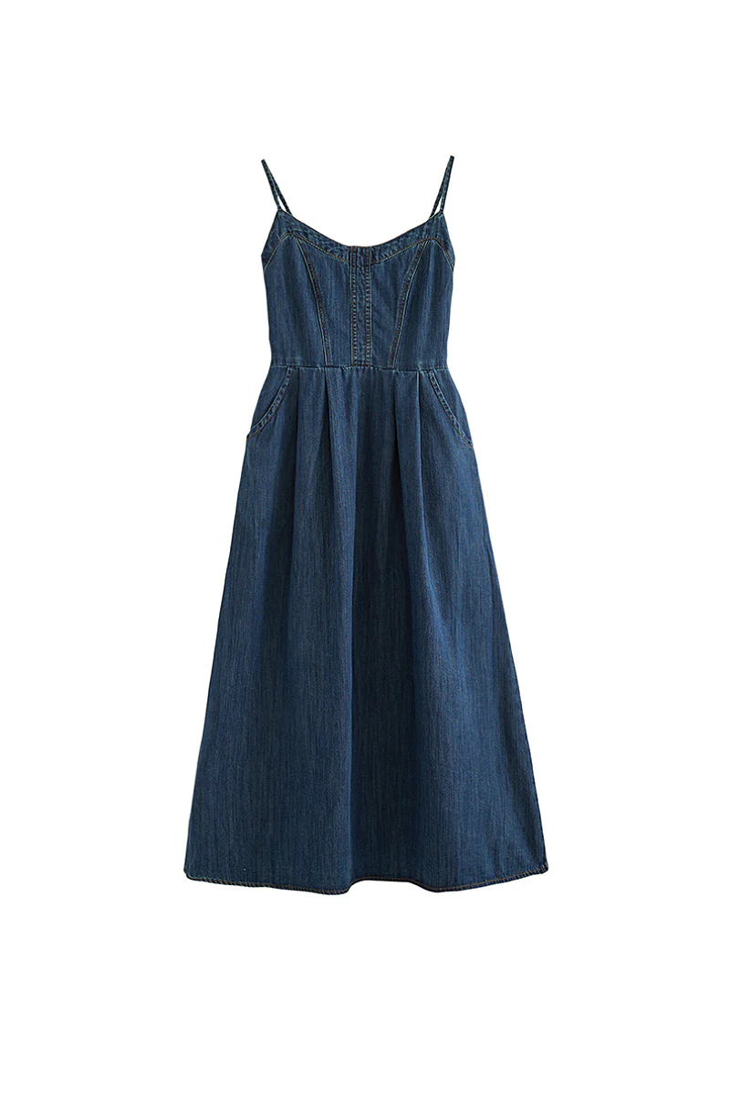 Denim Spaghetti-Strap Midi Dress With Pockets - HBQMJX