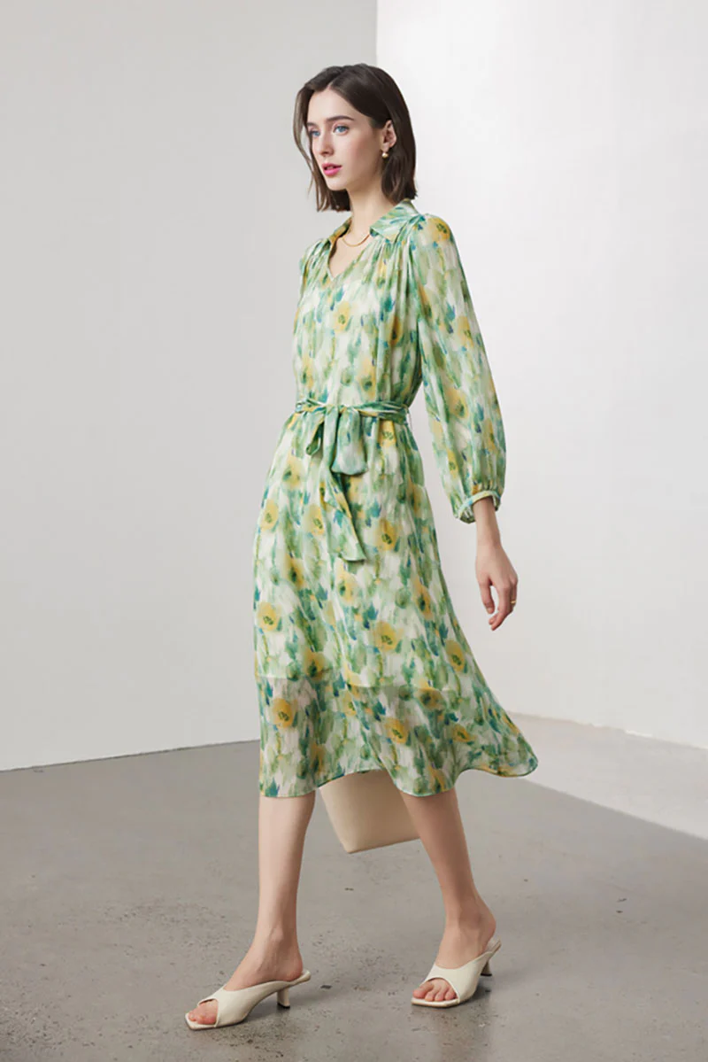 100 Mulberry Silk Floral Balloon-Sleeve V-Neck Collared Midi Dress - HBQMJX