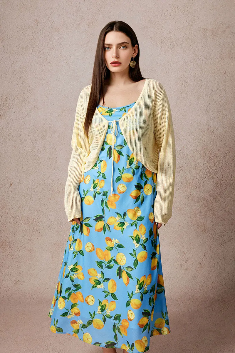 Blue Lemon Print Midi Slip Dress - HBQMJX