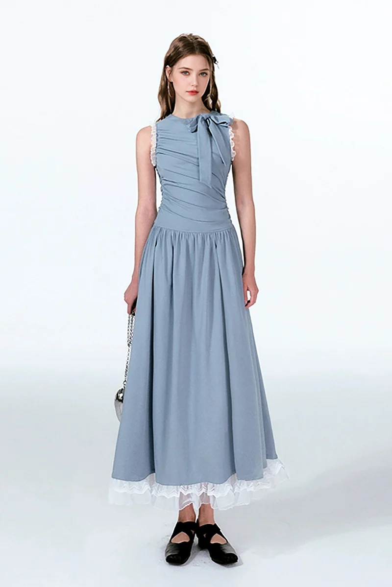 Blue Sleevelss Ruched Fit & Flare Maxi Dress with Bow & Lace - HBQMJX