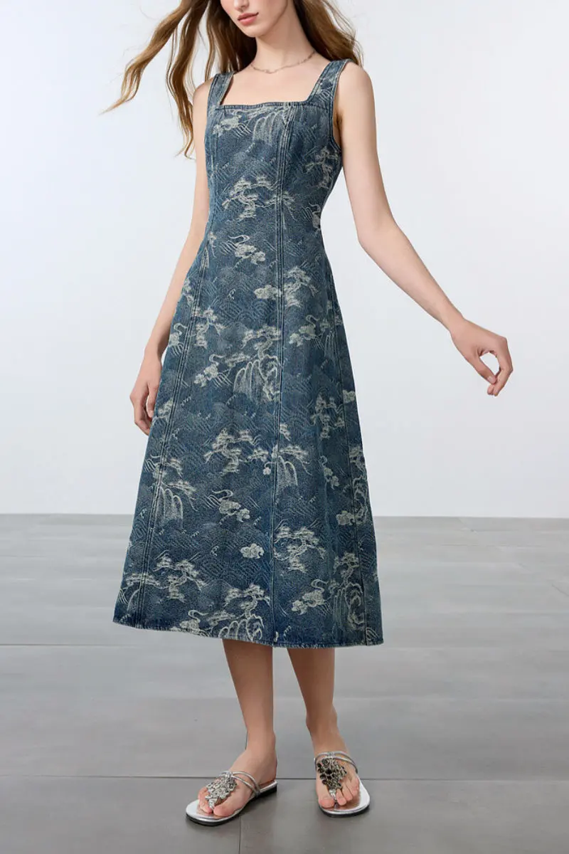 Denim Jacquard Square-Neck A-Line Midi Dress - HBQMJX