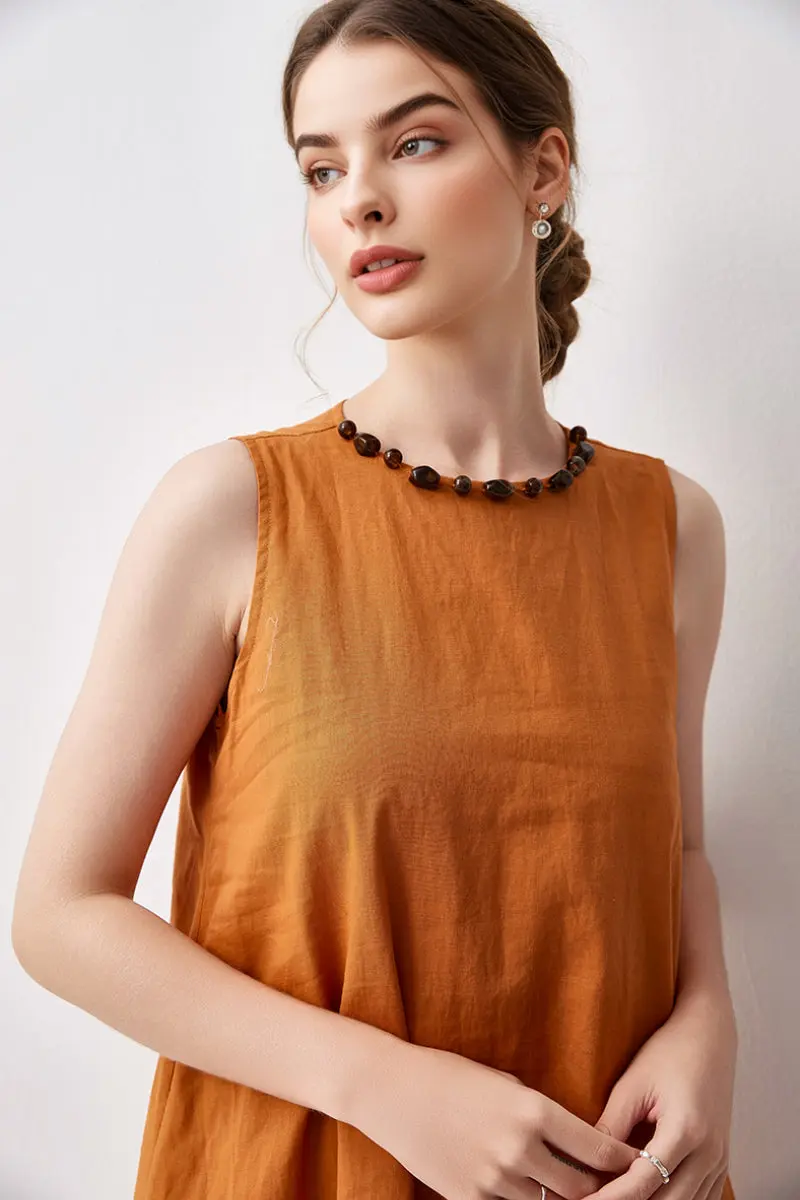 100 Linen Sleeveless Midi Dress With Back Slit - HBQMJX