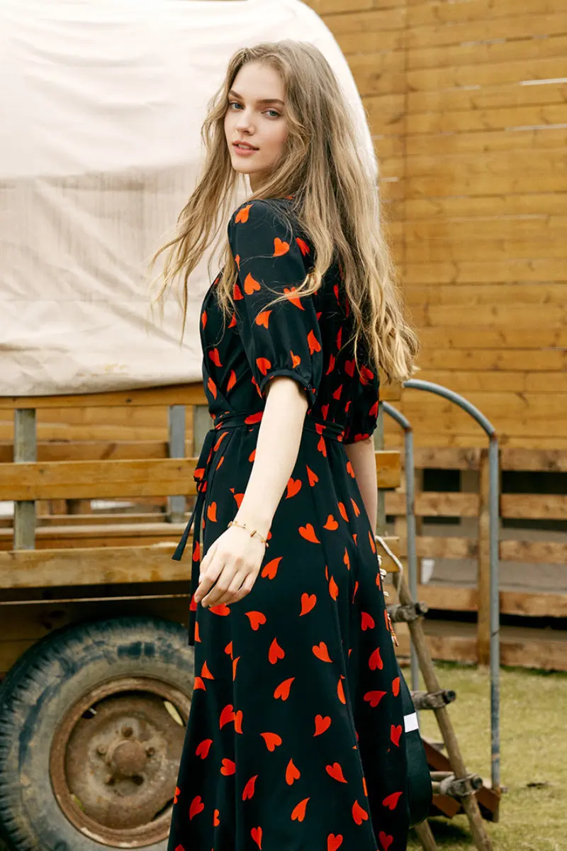 French-Inspired Silk Double Crepe Heart Wrap Midi Dress - HBQMJX