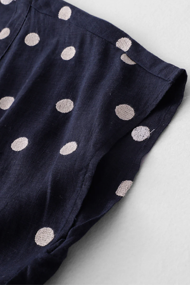 100% Ramie Polka Dot V-Neck Midi Dress - HBQMJX