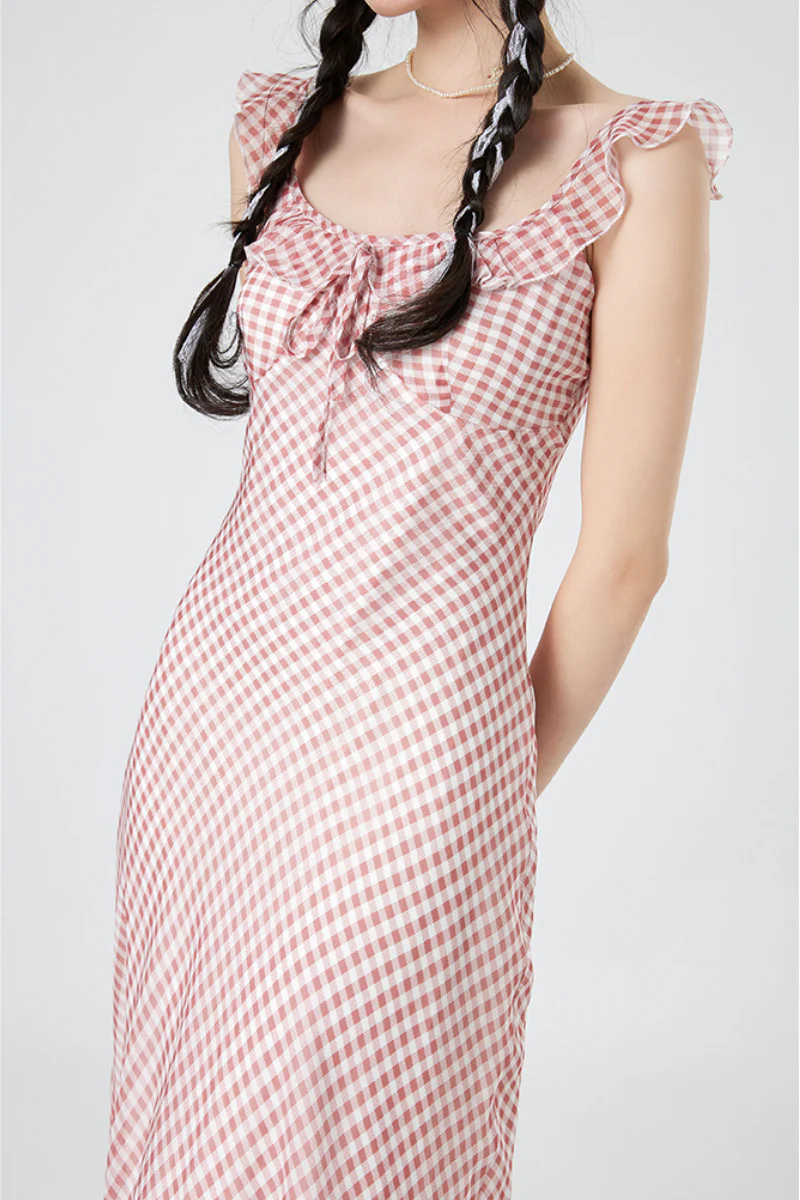 Picnic Gingham Tie-Front Ruffle-Neck Midi Dress - HBQMJX