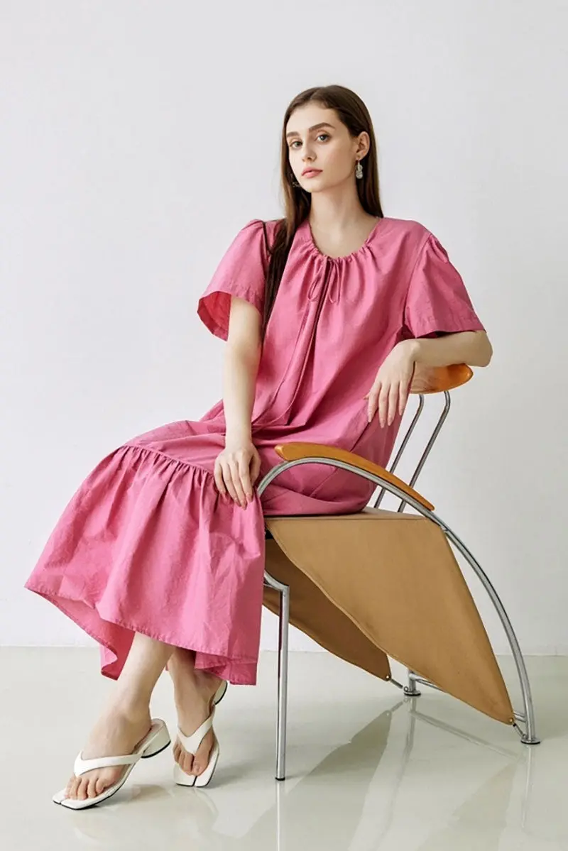 Pink Tiered Trapeze Tie-Neck Midi Dress - HBQMJX