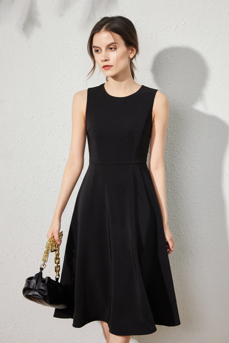 Black Sleeveless A-Line Midi Dress - HBQMJX