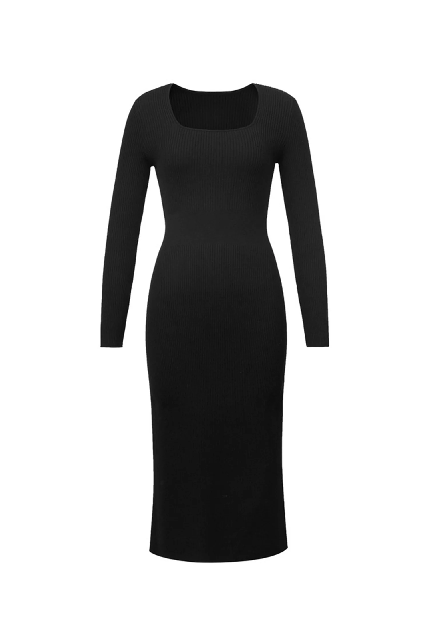 100% Merino Wool Long Sleeve Square-Neck Midi Sweater Dress - HBQMJX