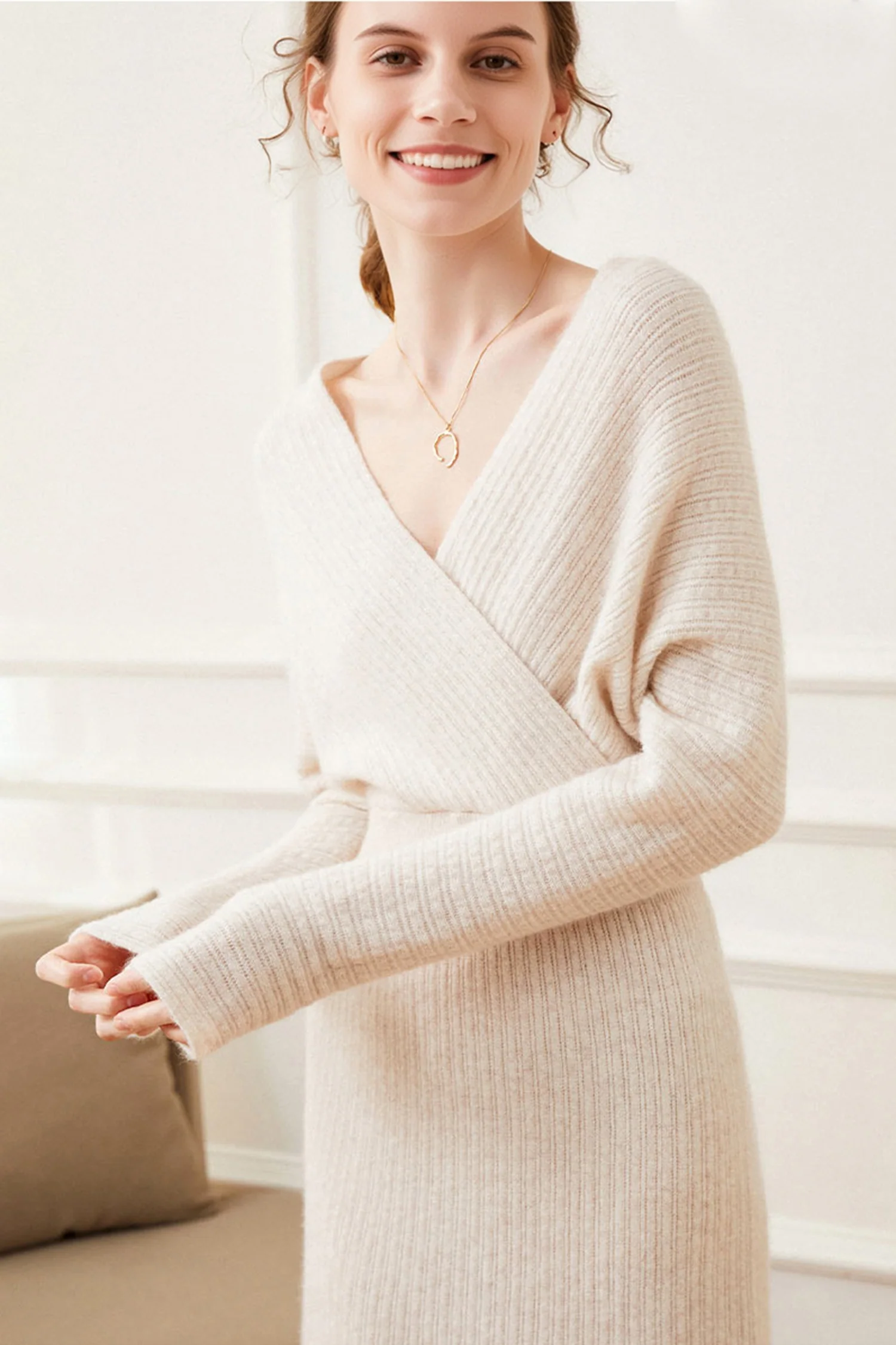 Ultrasoft Cashmere-Wool Long Sleeve Wrap Sweater Dress - HBQMJX
