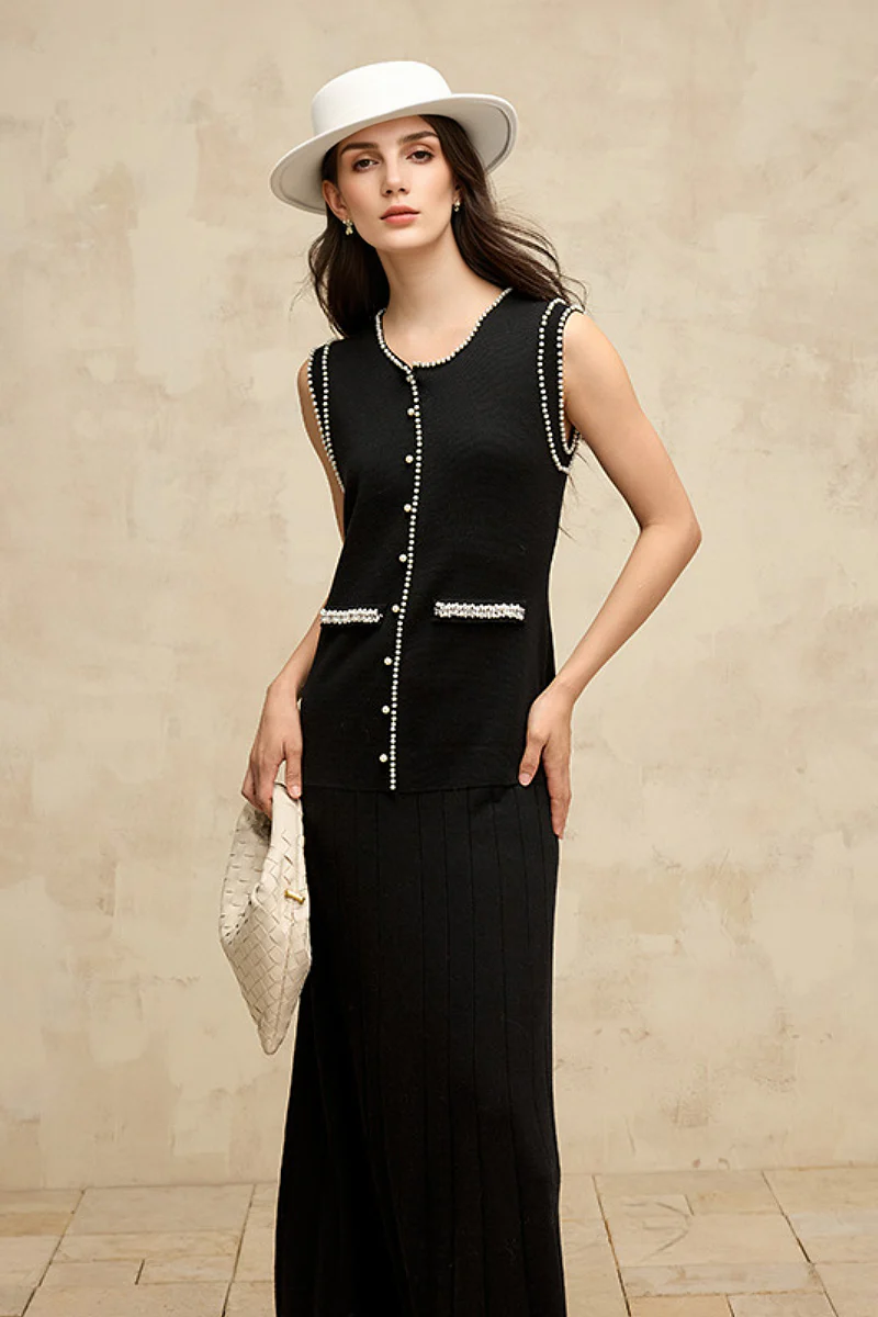 French Sleeveless Handmade Embellished Knit Midi Dress - HBQMJX
