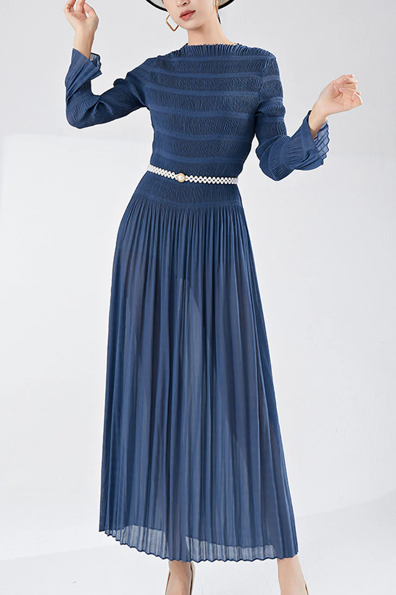 Designer Inspired Pleated Long Sleeve Smocked Maxi Dress in Slate Blue - HBQMJX