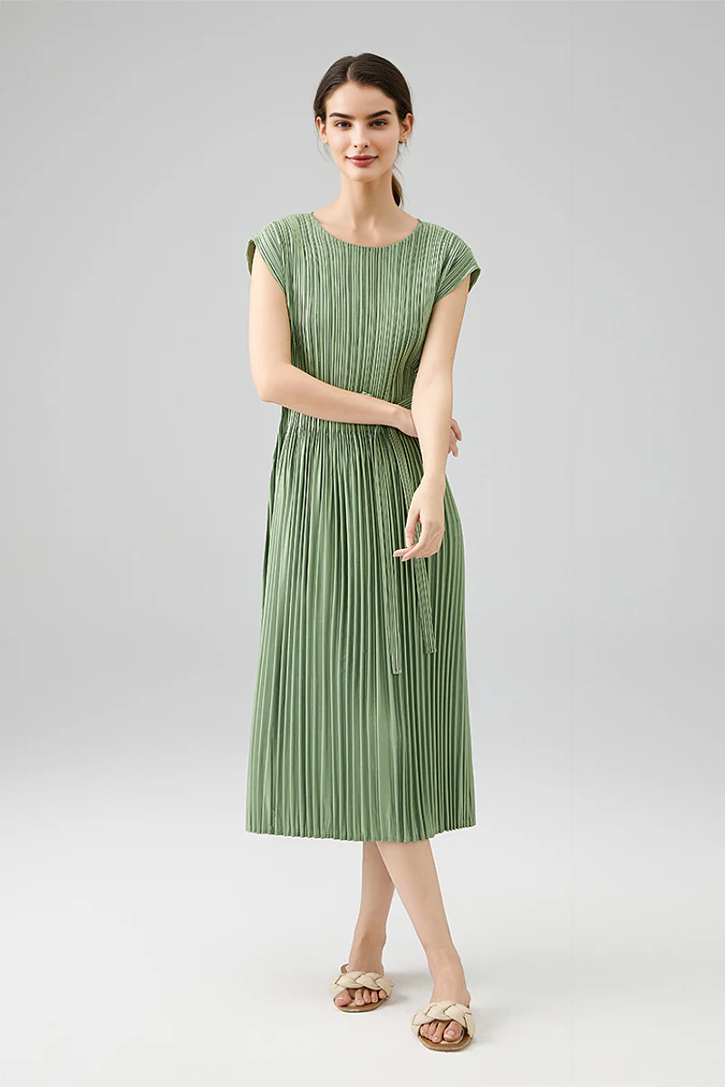 Designer Inspired Pleated Cap-Sleeve Dress with Belt - HBQMJX