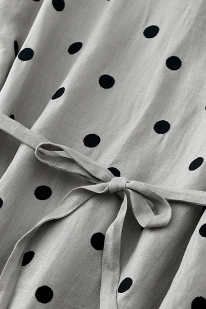 100% Ramie Polka Dot V-Neck Midi Dress - HBQMJX