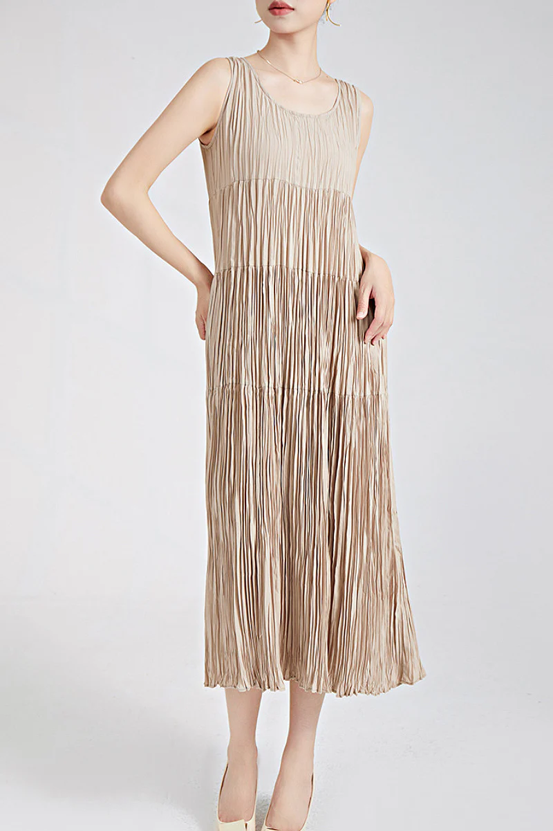 Designer Inspired Pleated Sleeveless Midi Dress - HBQMJX