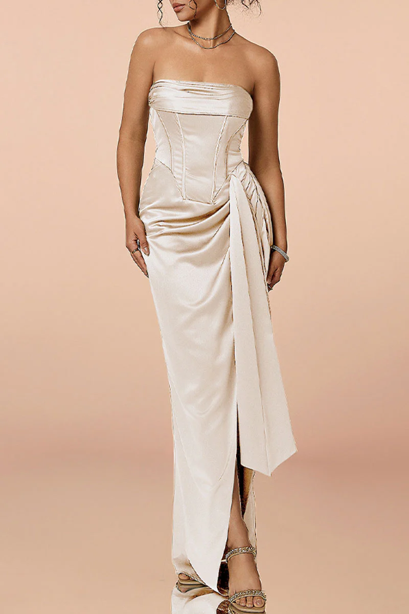 Satin Strapless Corset Bodycon Maxi Dress with High Slit - HBQMJX