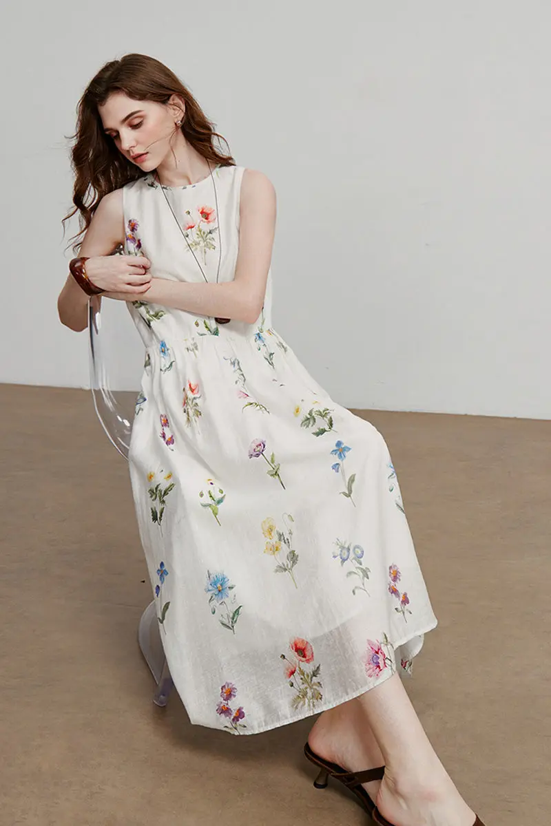 White Floral Linen Sleeveless Fit & Flare Midi Dress - HBQMJX