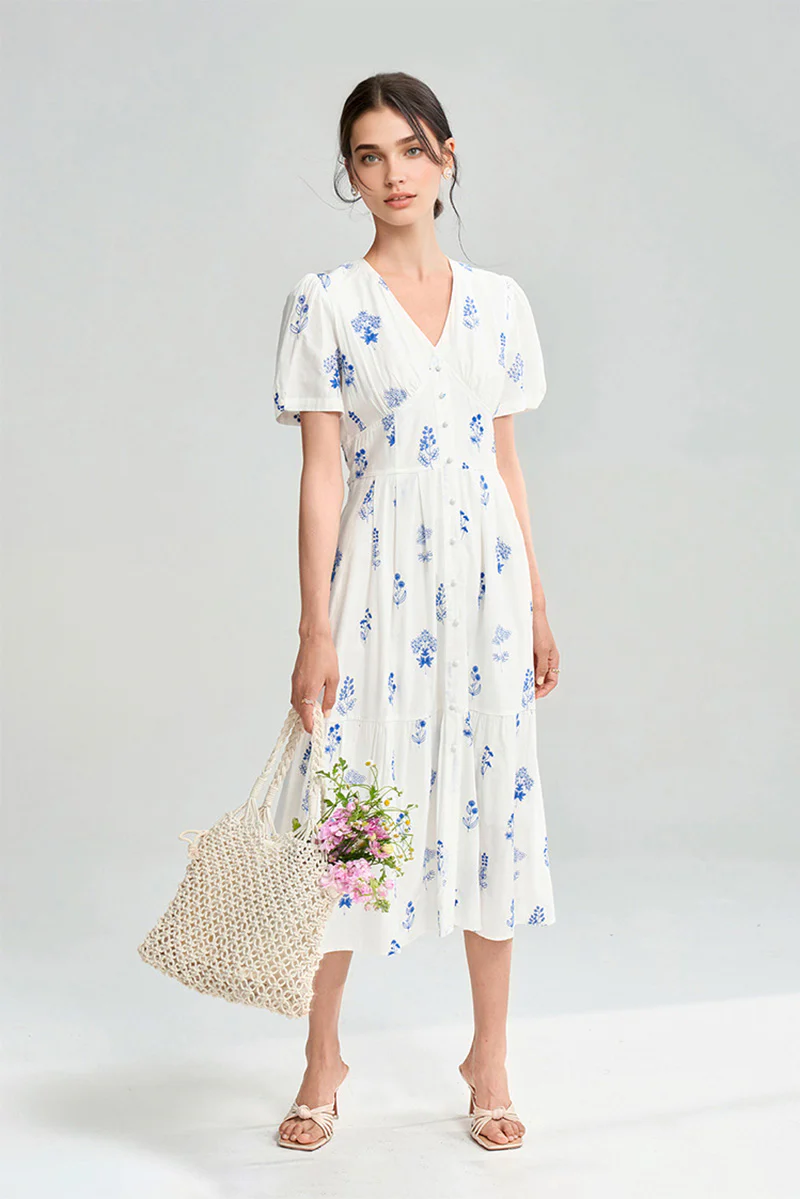 100 Cotton Floral Empire Waist A-Line Midi Sundress - HBQMJX