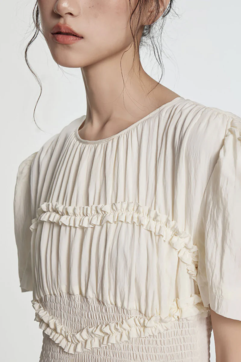 Fit & Flare Ruffled Puff-Sleeve Smocked-Waist Maxi Dress - HBQMJX