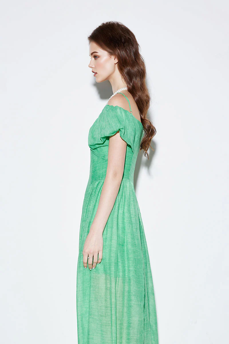 Green Silk-Wool Off-the-Shoulder A-Line Maxi Dress - HBQMJX