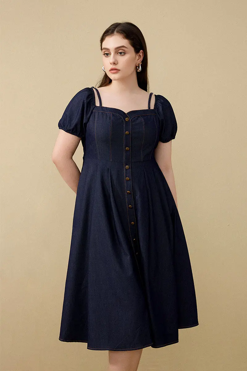 Denim-Inspired Off-Shoulder A-Line Midi Dress with Decorative Buttons - HBQMJX