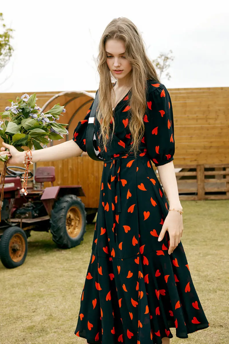 French-Inspired Silk Double Crepe Heart Wrap Midi Dress - HBQMJX