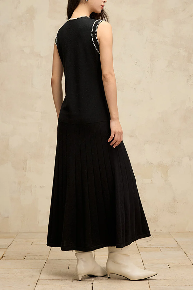 French Sleeveless Handmade Embellished Knit Midi Dress - HBQMJX