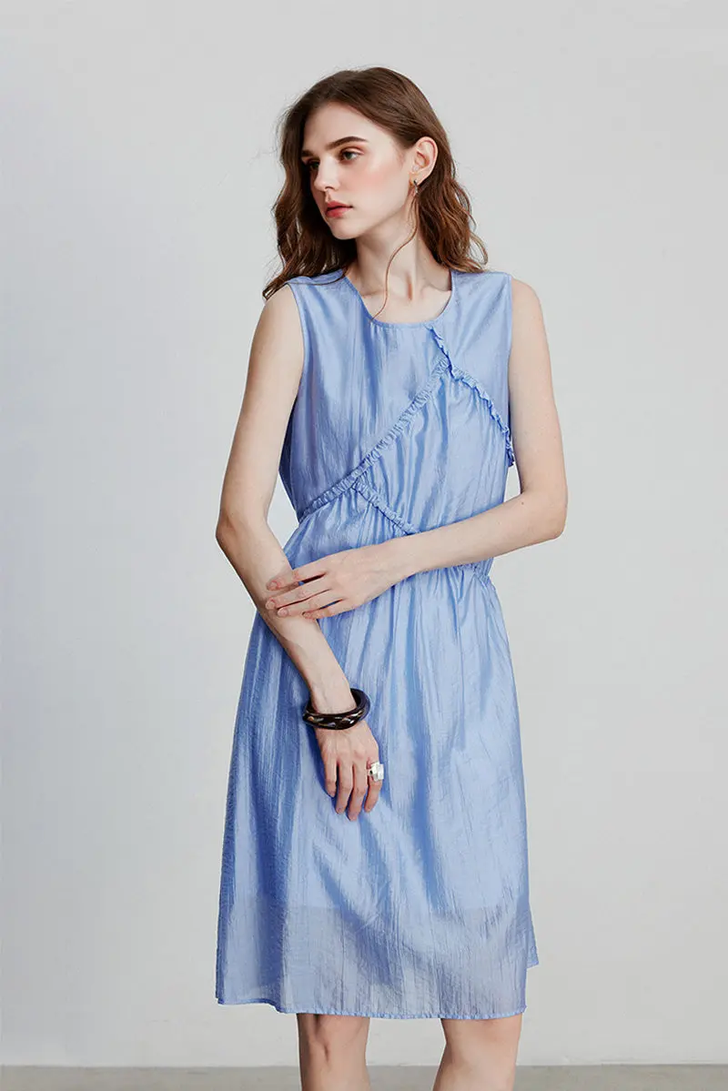 Light Blue Lyocell Sleeveless Ruffle-Detail Midi Dress - HBQMJX