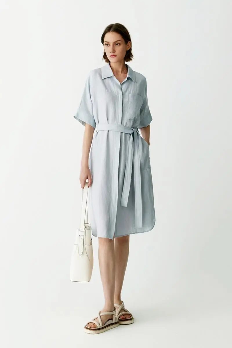 100% Linen Midi Shirt Dress With Belt - HBQMJX