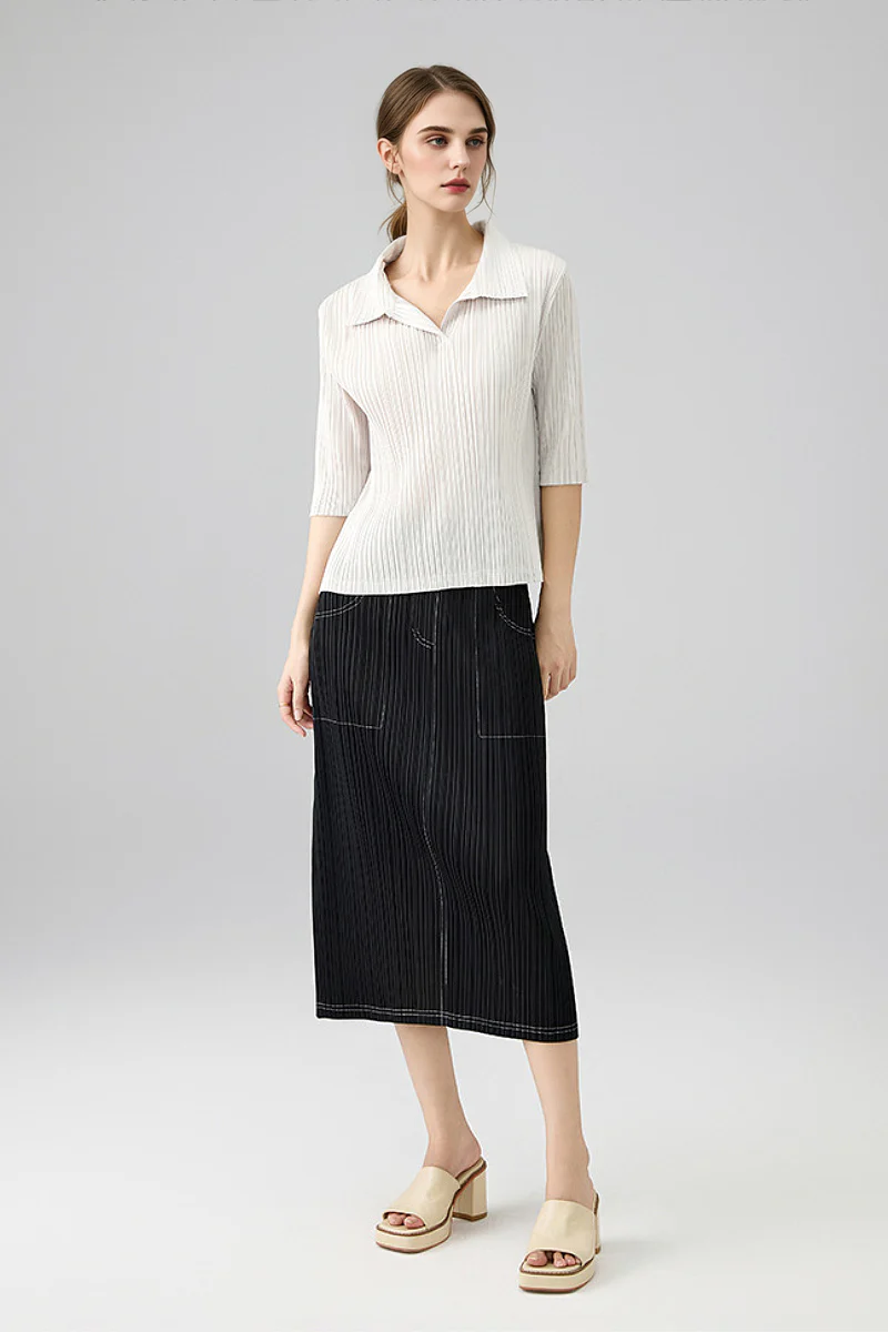 Designer Inspired Pleated Pull-On Midi Skirt - HBQMJX
