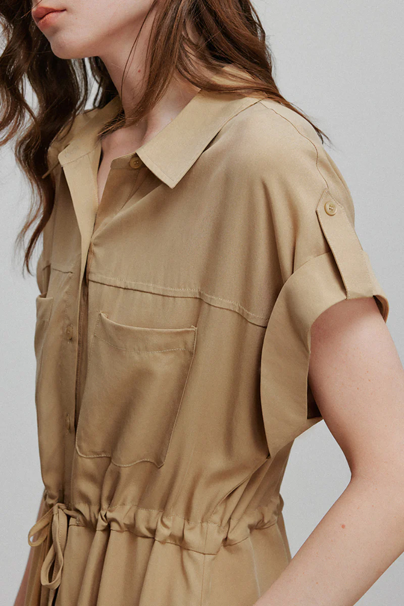 Khaki Cap-Sleeve Shirt Midi Dress With Belt - HBQMJX