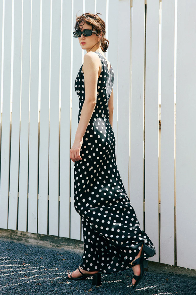 100% Silk Polka Dot V-Neck Crepe Maxi Dress - HBQMJX