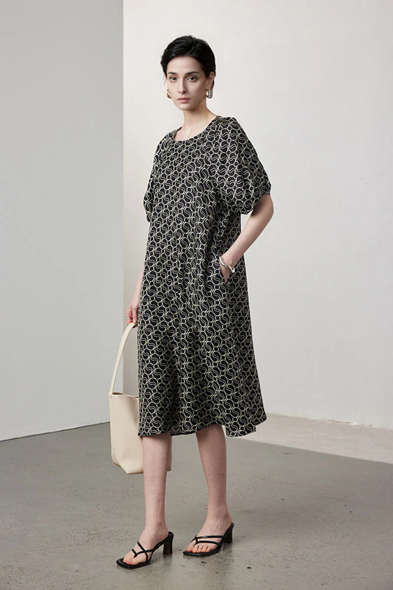 100 Mulberry Silk Chain Print Puff-Sleeve Belted Midi Dress with Pockets - HBQMJX