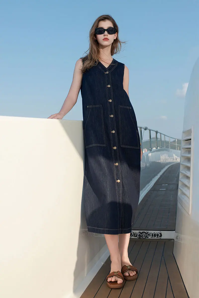 Denim V-Neck Vest Midi Dress with Pockets - HBQMJX