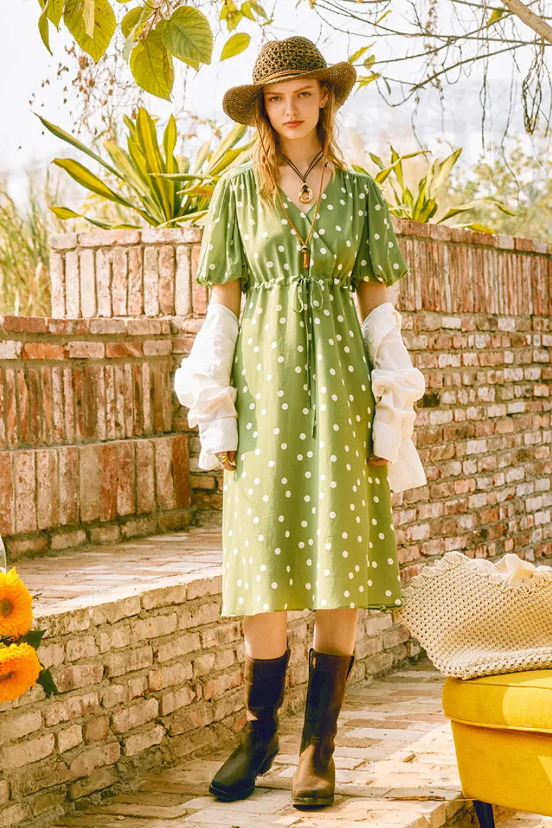 Vintage Silk Double Crepe Polka Dot Midi Dress in Green - HBQMJX