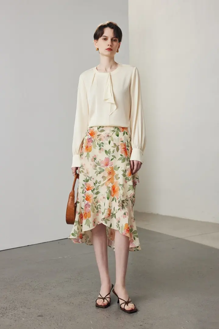 Asymmetric Silk Ruffled Floral Midi Skirt - HBQMJX